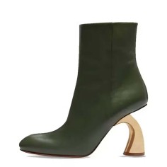 Round Toe Side Zipper Golden Strange Heels Ankle Highs Booties - Green Faux Leather