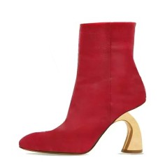 Round Toe Side Zipper Golden Strange Heels Ankle Highs Booties - Red Faux Leather