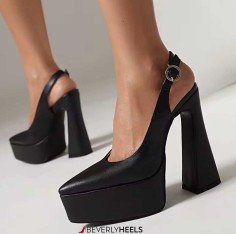 Square Heel Pointed Toe Slingback Pumps - Black