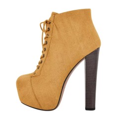 Round Toe Block Chunky Heels Platforms Ankle Highs Lace Up Booties - Yellow Flock