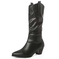 Pointed Toe Chunky Heels Knee Highs Long Party Boots - Black Faux Leather