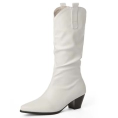 Pointed Toe Chunky Heels Knee Highs Long Party Boots - White Faux Leather