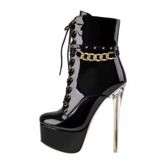Round Toe Transparent Stiletto Heels Platforms Metal Chain Zipper Booties - Black Patent