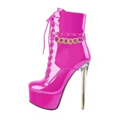 Round Toe Transparent Stiletto Heels Platforms Metal Chain Zipper Booties - Burgundy Patent
