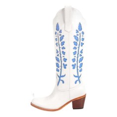 Pointed Toe Chunky Heels Embroidered Comfortabl Fantastic Wide- Calf Cowboy Boots - White Faux Leather