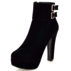Round Toe Cuban Block Heels Platforms Ankle Highs Decorated Buckle Straps Boots - Black Flock