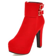 Round Toe Cuban Block Heels Platforms Ankle Highs Decorated Buckle Straps Boots - Red Flock