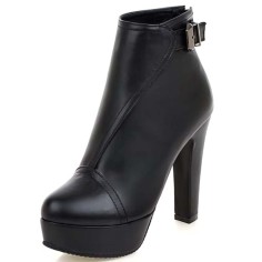 Round Toe Cuban Block Heels Platforms Ankle Highs Decorated Buckle Straps Boots - Black Faux Leather