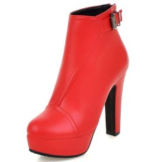 Round Toe Cuban Block Heels Platforms Ankle Highs Decorated Buckle Straps Boots - Red Faux Leather