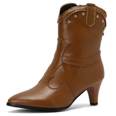 Pointed Toe Kitten Heels Ankle Highs Vintage Style Short Boots - Brown Faux Leather