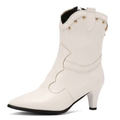 Pointed Toe Kitten Heels Ankle Highs Vintage Style Short Boots - White Faux Leather