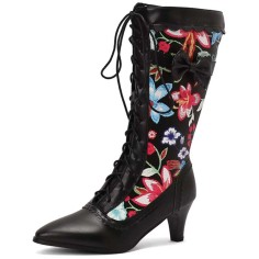 Pointed Toe Kitten Heels Knee Highs Flower Decorated Vintage Style Short Boots - Black Faux Leather