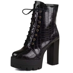 Square Toe Lace Up Platforms Crocodile Pattern Chunky Heels Ankle Highs Boots - Black Faux Leather