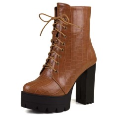 Square Toe Lace Up Platforms Crocodile Pattern Chunky Heels Ankle Highs Boots - Brown Faux Leather