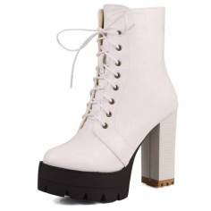 Square Toe Lace Up Platforms Crocodile Pattern Chunky Heels Ankle Highs Boots - White Faux Leather