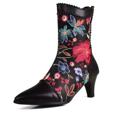 Pointed Toe Kitten Heels Ankle Highs Flower Decorated Vintage Style Short Boots - Black Faux Leather