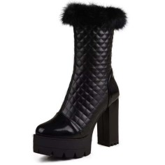 Round Toe Chunky Heels Platforms Winter Style Faux Fur Boots - Black Faux Leather