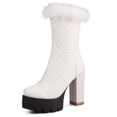 Round Toe Chunky Heels Platforms Winter Style Faux Fur Boots - White Faux Leather