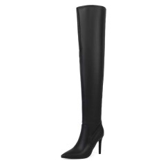 Pointed Toe Stiletto Heels Knee Highs Elegant Boots - Black Faux Leather
