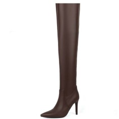 Pointed Toe Stiletto Heels Knee Highs Elegant Boots - Brown Faux Leather