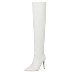 Pointed Toe Stiletto Heels Knee Highs Elegant Boots - White Faux Leather