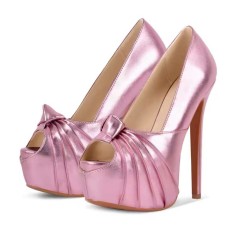 Peep Toe Stiletto Platform Pumps with Knot Feature - Baby Pink Metallic