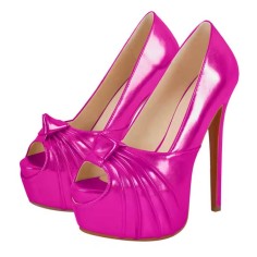 Peep Toe Stiletto Platform Pumps with Knot Feature - Fuschia Metallic