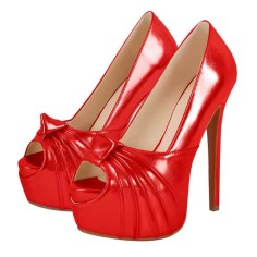 Peep Toe Stiletto Platform Pumps with Knot Feature - Red Patent