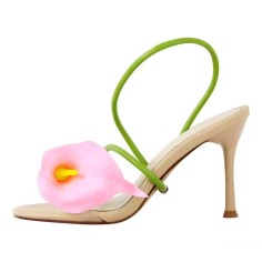 Peep Toe Stiletto Heels Toe Flower Summer Wedding Sandals  - Pink Beige Patent