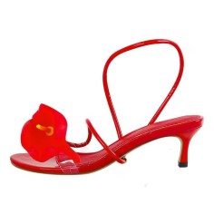 Peep Toe Kitten Heels Toe Flower Summer Wedding Sandals  - Red Patent