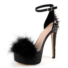 Peep Toe Stiletto Heels Furry Platform Rivet Decorated Punky Sandals - Black Patent