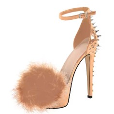 Peep Toe Stiletto Heels Furry Platform Rivet Decorated Punky Sandals - Gold Patent
