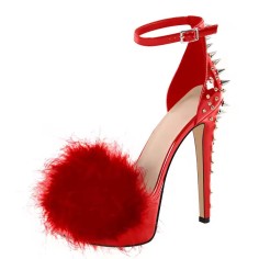Peep Toe Stiletto Heels  Furry Platform Rivet Decorated Punky Sandals - Red Patent