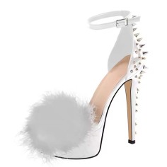 Peep Toe Stiletto Heels Furry Platform Rivet Decorated Punky Sandals - White Patent