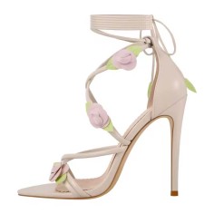 Pointed Open Toe Stiletto Heels Ankle-Wrap Lace Up Flowers Sandals - Beige Faux Leather