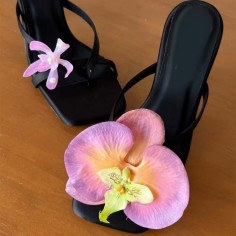 Square Open Toe Orchid Flower Decorated Curved Block Heels Summer Sandals - Black Faux Leather
