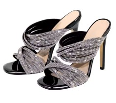 Round Toe Stiletto Mules Single Sole Sandals with Rhinestones - Silver Black