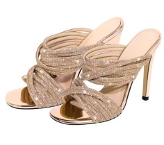 Round Toe Stiletto Mules Single Sole Sandals with Rhinestones - Rose Gold