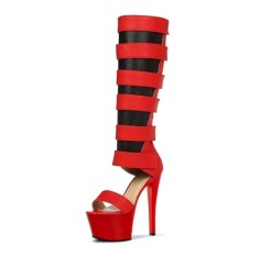 Strap Wrap Under-Knee Peep Toe  Gladiators - Red