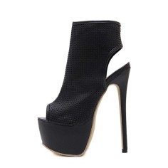 Peep Toe Platforms Ankle Highs Breathable Zipper Booties - Black Faux Leather