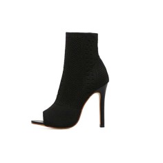 High Heel Peep Toe Mesh Ankle Stiletto Boots - Black