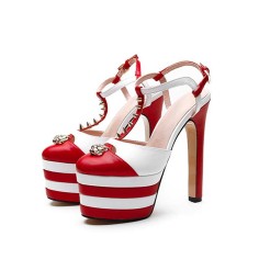 T-Strap Striped Gladiator Rivet Platform Sandals - Red and White