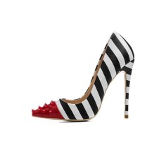 Halloween Cruella Beetlejuice Zebra Stripe Red Pointed Rivet Toe Stiletto 4.72 Heels