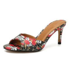 Peep Toe Skull Rose Print Kitten Heels Summer Mules Slippers Sandals - Multicolor