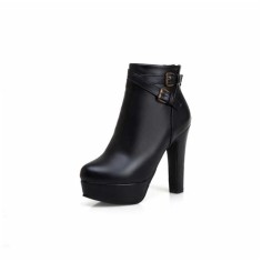 Cuban Heels Platform Ankle Buckle Strap Lita Booties - Black