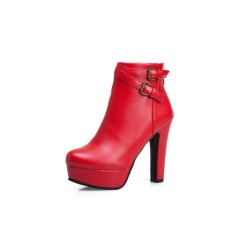 Cuban Heels Platform Ankle Buckle Strap Lita Booties - Red
