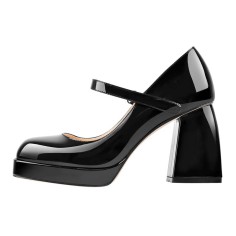 Square Toe Low Platforms Chunky Heels Mary Janes School Style Pumps - Black Patent