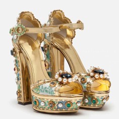 Luxury Platform Crystal Embroidery Buckle Ankle-Strap Rhinestone Wedding Sandals - Gold Green