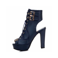Peep Toe Cuban Heels Lace Up Platform Summer Ankle Buckle Strap Booties with Side Zipper - Blue