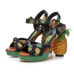 Pineapple Platform Fruit Print Sandals with Leather Buckle Ankle Straps - Black on Green Platform